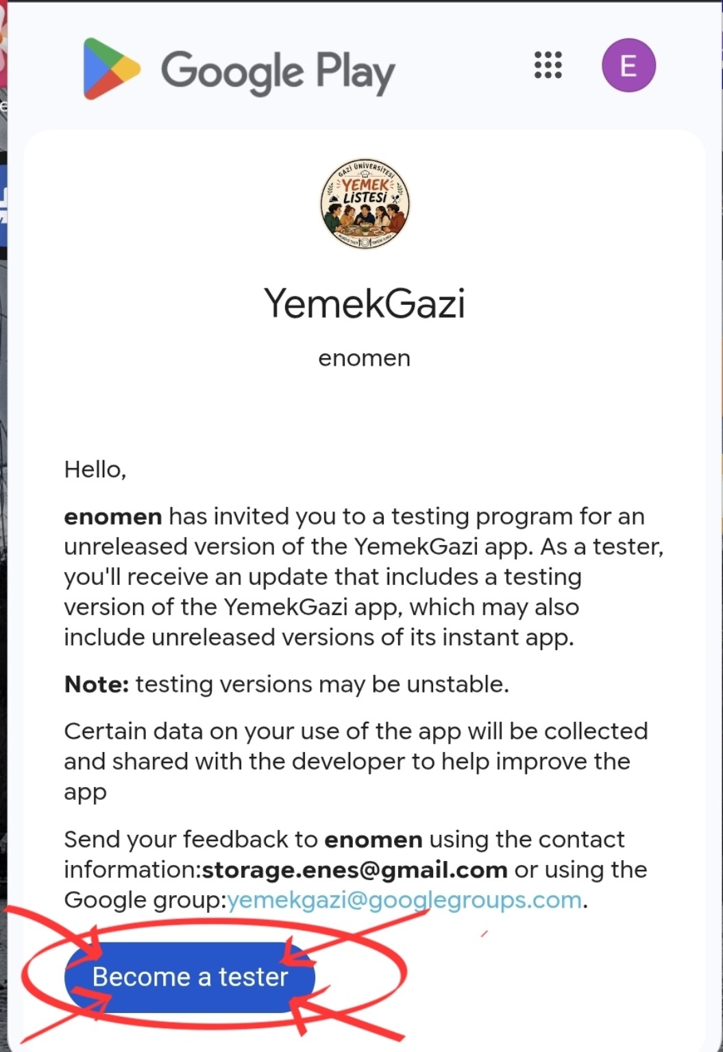 Test kullanıcısı olmayı onaylayın — orijinal ekran görüntüsü