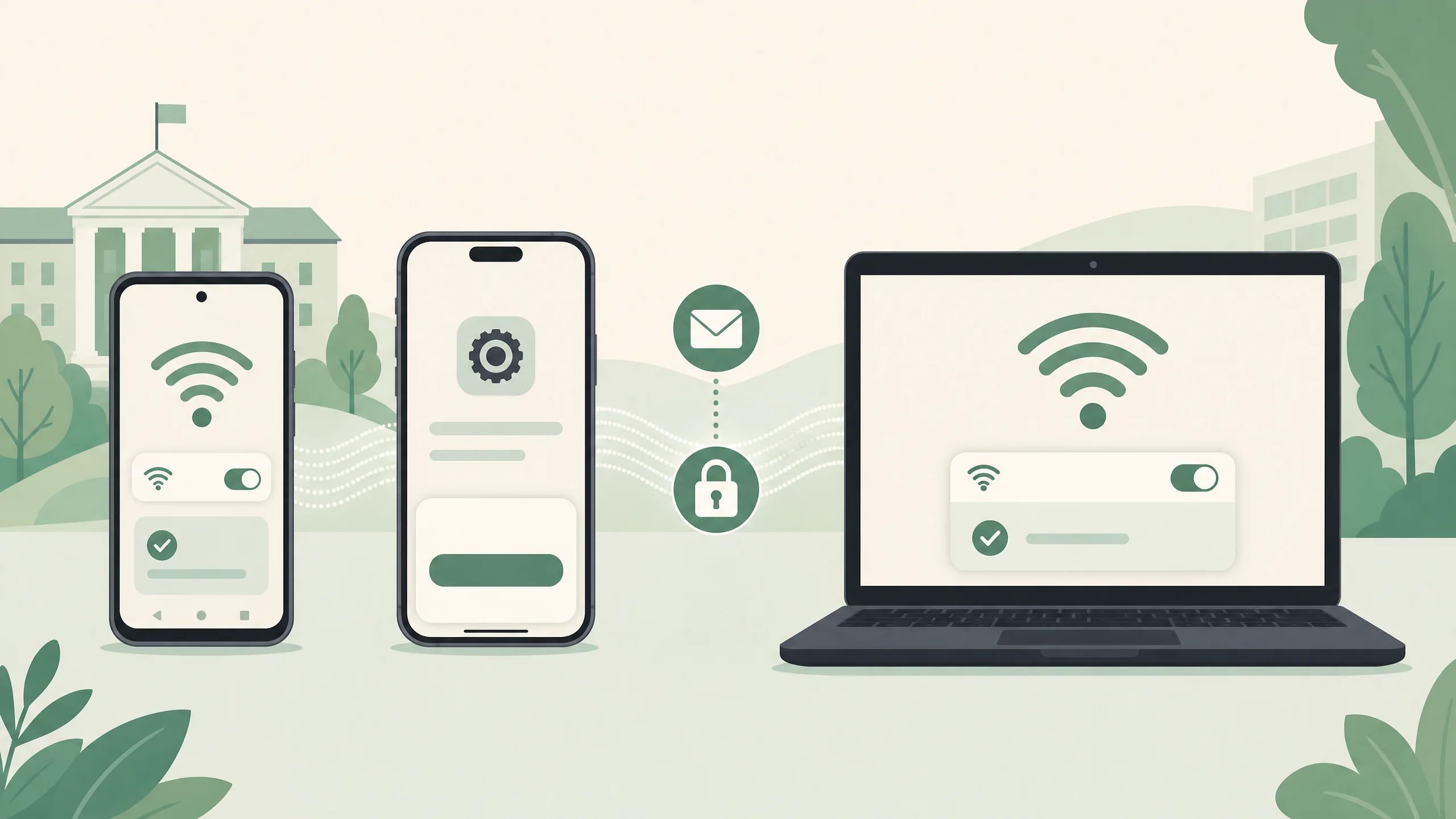 Android, iPhone ve Windows cihazlarında kampüs Wi-Fi kurulumunu anlatan görsel